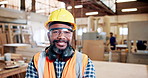 Face, black man and carpenter with smile in warehouse for career pride, about us or manufacturing. Portrait, mature artisan and safety gear for furniture production, restoration and maintenance skill