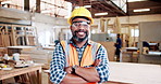 Face, black man and carpenter with arms crossed in warehouse for career pride, about us or manufacturing. Portrait, mature artisan and safety gear for furniture production, restoration or maintenance