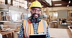 Face, man and carpenter in factory with tablet, building project info and manufacturing research. Mature person, PPE and planning in workshop with tech for woodwork, furniture production and repair.