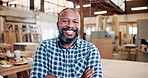 Face, smile and man with arms crossed, carpentry and furniture industry with career ambition. Entrepreneur, person and professional in workplace, artisan wood and timber service with skills and pride