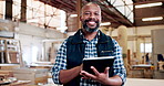 Man, carpenter and tablet at factory, face or check notification with furniture manufacturing. Mature person, technician and smile with notes for woodwork project, app or design review at workshop