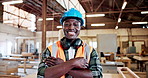 Face, black man and smile with carpenter in workshop for career pride, about us and manufacturing. Portrait, artisan and arms crossed for furniture production, restoration and remodeling improvement