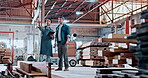 Carpentry, men or point with tablet in workshop for project progress, production update or feedback. Carpenter, inspector and tech in warehouse for inspection, quality control and building compliance