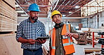 Carpenter, inspection and men with tablet, warehouse or talking with supervisor for quality control. People, pointing and planning for furniture production with tech, inventory and collaboration