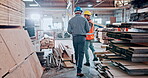 Wood, team and back with men in warehouse for carpenter, furniture and workshop. Manufacturing, timber production and woodworking partner with people for walking, artisan and floor supervisor