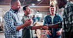 Handshake, applause and carpenter with people in warehouse for furniture deal, woodworking or agreement. Manufacturing partner, shaking hands and project contract with employees for timber production