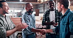 Handshake, success and carpenter with people in warehouse for furniture deal, applause or agreement. Manufacturing partner, shaking hands and project contract with employees for timber and production