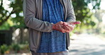 Senior person, massage and hand pain for fitness outdoor with inflammation, arthritis and tension. Closeup, elderly runner and pinched nerve of fibromyalgia, muscle cramp and uncomfortable pressure