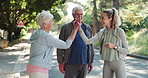 Personal trainer, high five and support with senior people in park for mobility training, health or workout team. Friends, success and female fitness coach with elderly couple in nature for exercise