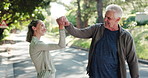 Personal trainer, high five and support with elderly man in park for mobility training, health or workout team. Friends, success and fitness coach with senior person and woman in nature for exercise