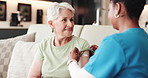 Nurse, old woman and bandage for vaccine in home, healthcare and medical wellness. Caregiver, plaster and happy elderly patient in living room for virus safety, protection or immunity in retirement