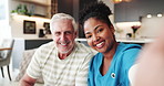 Happy woman, nurse and face with selfie or elderly patient for picture moment together in home. Portrait, senior man or caregiver with smile in POV for photography, memory or assisted living in house
