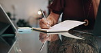 Person, hands and writing with diary for checklist, agenda or daily tasks on office desk. Closeup, employee or taking notes with book for schedule planning, reminder or record keeping in journal