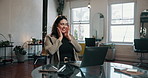 Laptop, surprise and typing with woman in small business office for reaction to good news. Computer, notification and wow with happy employee person in startup workplace for celebration or success