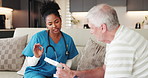 Support, medicine and nurse with senior man for consulting, advice and medication schedule in home. Healthcare, pills and woman with mature person on sofa for retirement, discussion and prescription