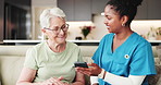 Senior woman, nurse and phone on sofa with talk, notification and healthcare services in retirement home. Elderly person, caregiver and help on smartphone, medicine reminder or wellness app at house