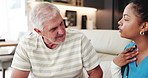 Woman, discussion and senior patient with nurse for diagnosis, checkup or health advice in home. Female person, caregiver and consultation with elderly man for healthcare or assisted living in house
