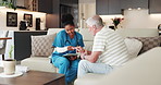 Tablet, oximeter and nurse with mature man for consulting, advice and specialist test in home. Healthcare, digital tech and woman with senior person on sofa for app, discussion and prescription