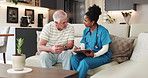Clipboard, caregiver or senior man on couch for health discussion, medical evaluation or test results. Retirement support, nursing home or people writing symptoms for survey, talking or elderly care