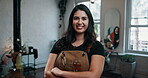 Face, hairdresser and woman with arms crossed, salon and happy for career development and confident. Beauty, entrepreneur and person with pride for business growth, smile or ambitious for cosmetology