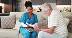 Tablet, medicine and nurse with senior man for consulting, advice and medication schedule in home. Healthcare, digital tech and woman with mature person on sofa for app, discussion and prescription