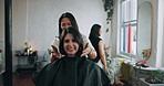 Hairdresser, grooming and women in hair salon, face or discussion for haircare, talk and appointment. Beauty, entrepreneur and texture maintenance in small business, services and hairstyle for client