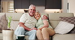 Senior couple, face and hug in lounge, people and bonding with smile on couch, retirement and relax. Happy, elderly man and home with old woman in living room, affection and romance with partner