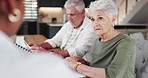 Senior couple, home and financial consultant with paperwork for investment, budget or mortgage. Elderly woman, man and discussion with advisor for retirement savings, insurance and pension annuity