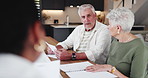 Elderly couple, home and financial consultant with paperwork for investment, budget or mortgage. Senior woman, man and discussion with advisor for retirement savings, insurance and pension annuity
