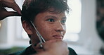 Barbershop, hands and haircut for child, scissors and texture maintenance with equipment or haircare. Salon, boy and person with tools for hairstyle trim, consultation and hairdo with comb for hair