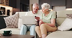 Old couple, talk or laptop on sofa with credit card, ecommerce or clapping for online payment success. Married, elderly people hug and applause in home with computer, discussion and fintech purchase.