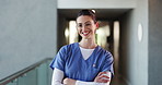 Face, nurse and woman in hospital with arms crossed for job opportunity, medical residency or service. Confident, female person and healthcare worker with happiness, internship or career development.