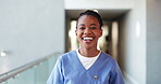 Face, nurse and woman in hospital with smile for job opportunity, medical employment and service. Confident, female black person and healthcare worker with happiness, career growth and development.