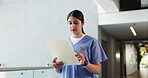 Nurse, folder and reading with woman in hospital for treatment plan, patient history or medical report. Healthcare diagnosis, insurance paperwork and checkup records with person for doctor referral