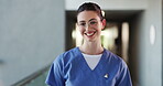 Face, nurse or happy in hospital with arms crossed for job opportunity, medical residency or service. Confident, woman or healthcare worker with ambition for internship, career growth or development.