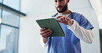Nurse, tablet and research with hands of man in hospital for patient history, medical report and planning. Surgery schedule, digital checklist and healthcare diagnosis with low angle of person