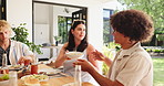 Sharing, food and social gathering with friends, patio and bonding on break with brunch and outdoor. Reunion, party and people with meal for lunch, event and together at home on holiday or weekend