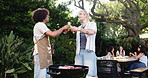 Cheers, bbq and beer with friends in party for cooking, celebration and social reunion. Barbecue, alcohol drink and toast with people and grill food in nature for cookout event, holiday and help