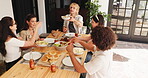 Talking, friends and social gathering with food, patio and bonding on break with brunch and outdoor. Reunion, party and people with meal for lunch, above and together at home on holiday or weekend