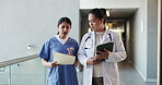 Hospital, doctors and women with folder, teamwork or preparing for medical procedure with documents. Clinic, surgeon and advice for treatment plan with patient report, conversation and collaboration