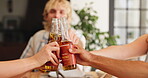 Friends, reunion and cheers with alcohol, hands and group with food for brunch and social gathering. Outdoor, party and toast with liquor on holiday, event and people at home with lunch or together