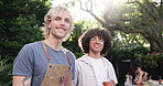 Barbecue, face and smile with friends outdoor for lunch, social reunion and celebration. BBQ, happy people and drinks with summer in backyard of home for bonding, holiday and cookout portrait
