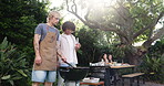Cooking, bbq and help with friends at party outdoor for meat, celebration and social reunion. Barbecue, beer drink and lunch with people and grill in nature for cookout event, holiday and food