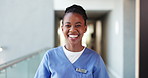 Face, nurse and black woman in hospital with smile for job opportunity, medical employment or service. Confident, female person and healthcare worker with happiness, career growth and development.