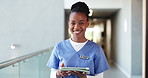 Face, nurse and happy black woman with tablet for healthcare, wellness and laugh in clinic. Portrait, smile and medical worker with technology in hallway, surgeon and funny professional in hospital