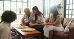 House, friends and people on sofa, pizza party and bonding together with celebration. Social gathering, men and women with lunch, relax or smile with weekend break, fast food and eating with snack