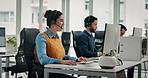 Computer, woman or talking with headset in call center for online help, tech support or contact us. Coworking, agent and consulting inbound client for network resolution, troubleshooting and advice