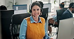 Telemarketing, happy woman and staff in call center with technology, customer service and about us. Professional, lead generation or people with headset for networking in office, smile or sales pitch