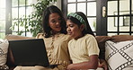 Laptop, smile and relax with mother and daughter on sofa for streaming service, movie choice and education show. Film subscription, bonding and online kids series with woman and child in family home