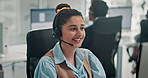 Customer service, computer and woman in office, smile and contact us with system solution. Person, consulting and employee in workplace, pc and conversation with help desk, advice and call center
